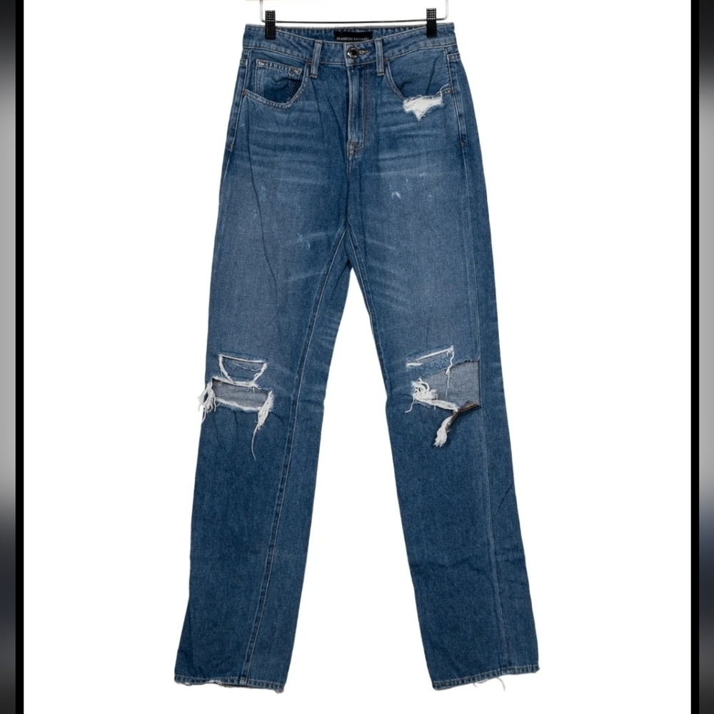 Brandon Maxwell Blue Boyfriend Jeans with Distressed Knee Rips